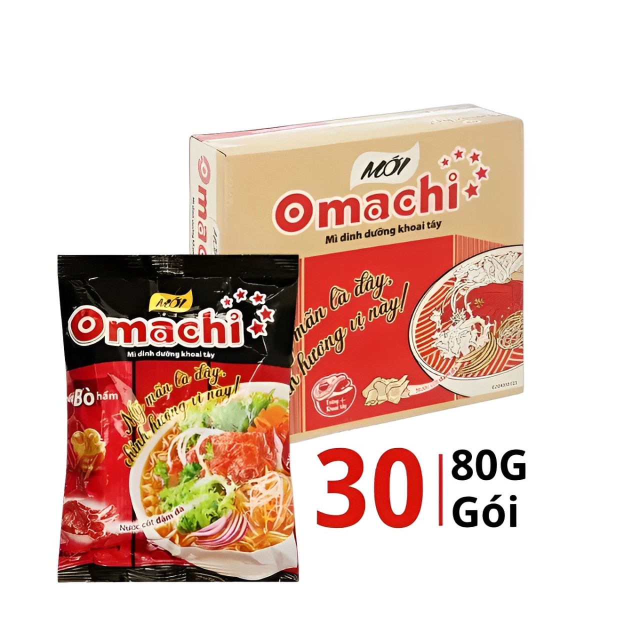 Caja de Fideos instantáneos Omachi con sabor a salsa de estofado de ternera 30 paquetes x 80g