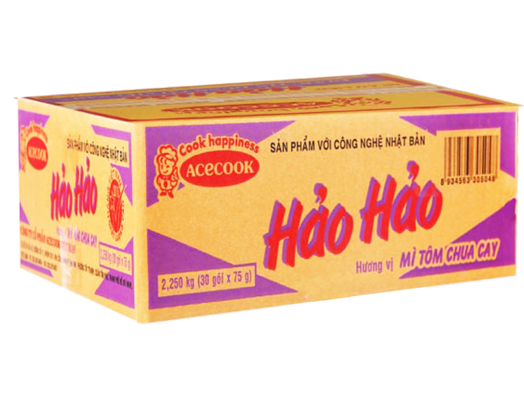 Caja de Fideos instantáneos Hao Hao con sabor a gambas picantes y ácidos 30 paquetes x 75g